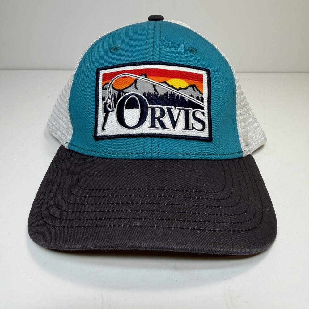 Orvis Mens Teal Bent Rod Sunset Outdoors Fishing Gorpcore Snapback Trucker Hat